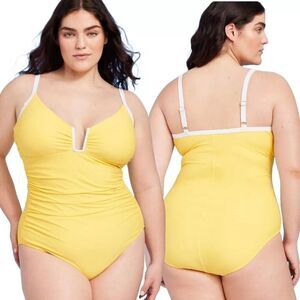 Shade & Shore Women's Size 16 One Piece Swimsuit Crepe U-Wire Yellow White NWT